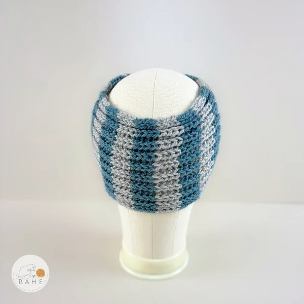 Hand-knitted wide wool blend headband back view in grey and blue stripes, soft and stretchy knit, RAHEcraft