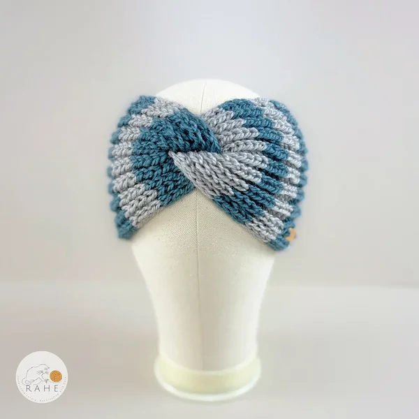 Hand-knitted wide wool blend headband front view in gray and blue stripes, textured knit pattern, RAHEcraft