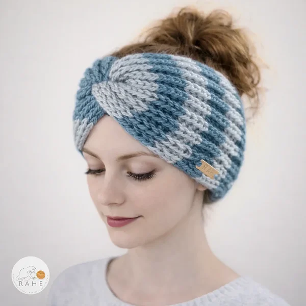 Hand-knitted wide wool blend headband worn by a female model, striped grey and blue, twisted design, soft and stretchy knit, RAHEcraft