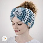 Hand knitted wool blend wide headband girl woman striped grey blue rahecraft on model