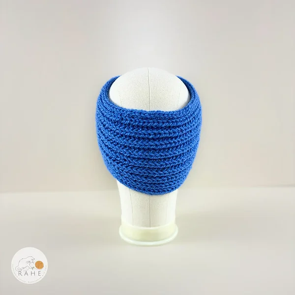 Hand-knitted wide wool blend headband back view in cobalt blue, soft and stretchy knit, RAHEcraft
