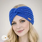 Hand knitted wool blend wide headband girls women blue rahecraft on model