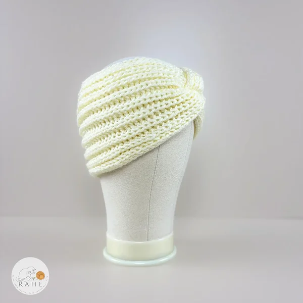 Hand-knitted wide wool blend headband for girls and women in ivory white, twisted design, RAHEcraft