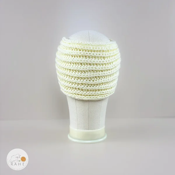 Hand-knitted wide wool blend headband back view in ivory white, soft and stretchy knit, RAHEcraft