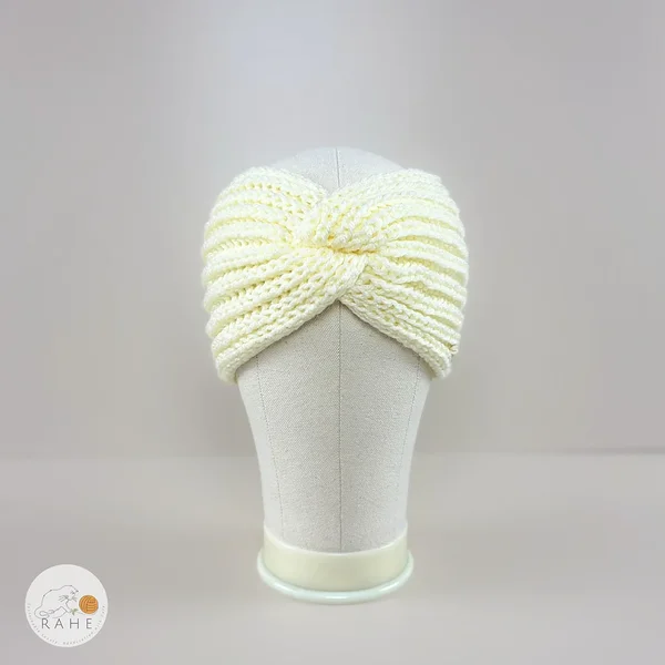 Hand-knitted wide wool blend headband front view in ivory white, textured knit pattern, RAHEcraft