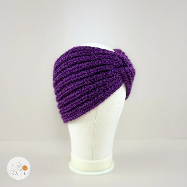 Hand-knitted wide wool blend headband for girls and women in purple, twisted design, RAHEcraft