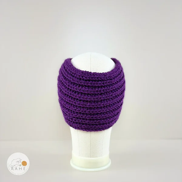 Hand-knitted wide wool blend headband back view in purple, soft and stretchy knit, RAHEcraft