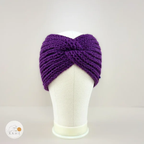 Hand-knitted wide wool blend headband front view in purple, textured knit pattern, RAHEcraft