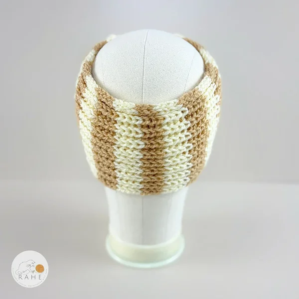 Hand-knitted wide wool blend headband back view in beige and off-white stripes, soft and stretchy knit, RAHEcraft