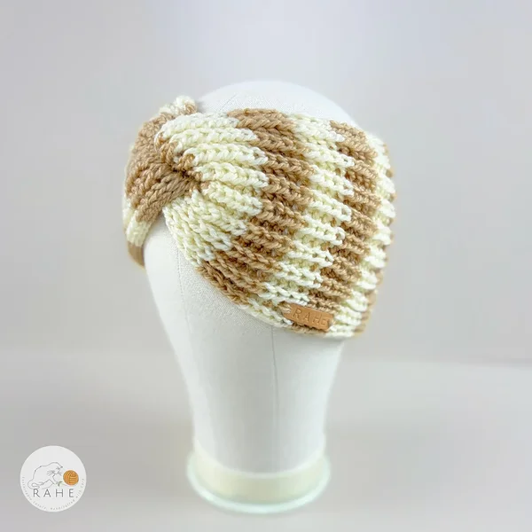 Side view of a hand-knitted wool blend wide headband with beige and ivory white stripes, RAHEcraft.