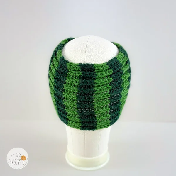 Hand-knitted wide wool blend headband back view in green and dark green stripes, soft and stretchy knit, RAHEcraft