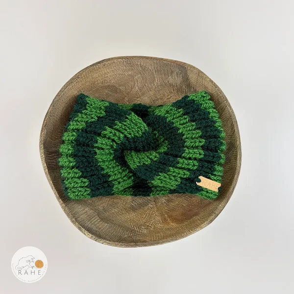 Hand-knitted wide wool blend headband flat lay with twisted center, green and dark green stripes, RAHEcraft