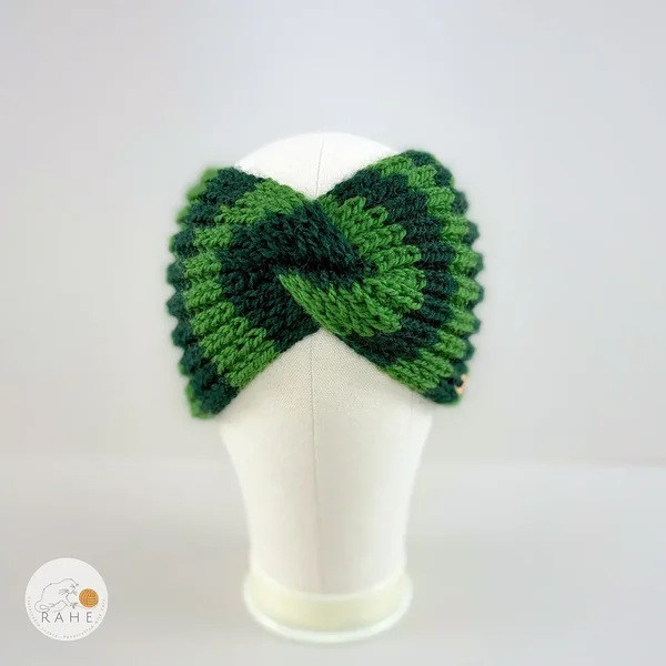 Hand-knitted wide wool blend headband front view in green and dark green stripes, textured knit pattern, RAHEcraft