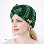 Hand knitted wool blend wide headband girls women striped green dark green rahecraft on young female model