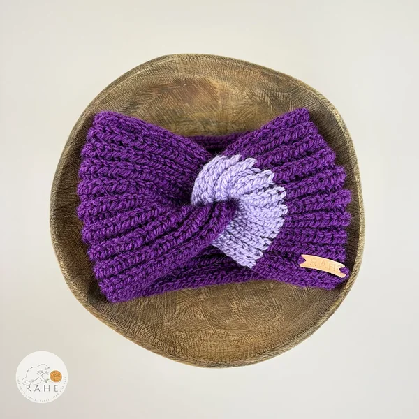 Hand-knitted wide wool blend headband flat lay with twisted center, purple and violet color, RAHEcraft