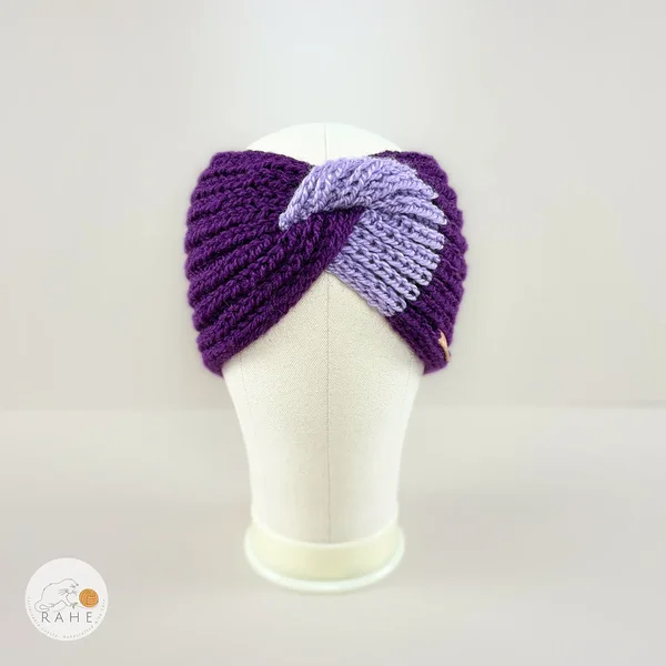 Hand-knitted wide wool blend headband front view in purple and violet, textured knit pattern, RAHEcraft