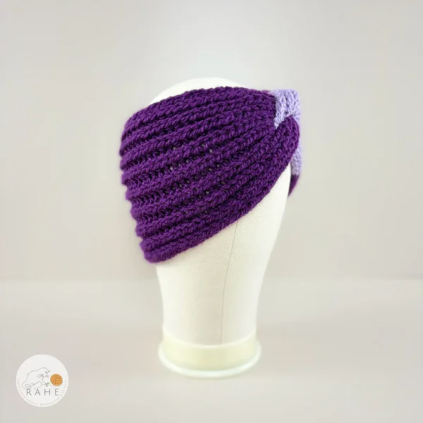 Hand-knitted wide wool blend headband for girls and women in purple and violet, twisted design, RAHEcraft