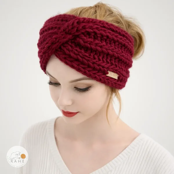 Hand-knitted cherry red chunky wool headband for girls and women.