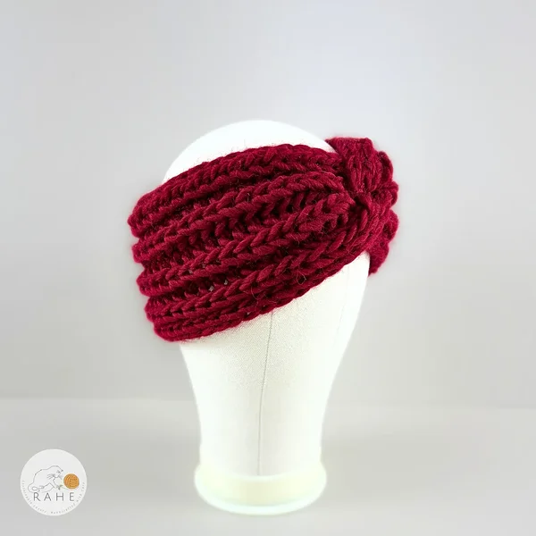 Hand-knitted cherry red chunky wool headband for girls and women.