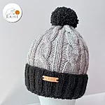 Handknit charcoal lightgrey wool hat reflective pompom front rahecraft
