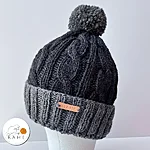 Handknit reflective wool beanie dark grey light grey pompom front rahecraft