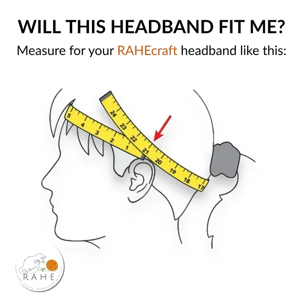 RAHEcraft headband size guide showing how to measure head circumference for a handmade knit headband, measuring tape placed around the head above the ears, fit guide for stretchy knitted headbands for women and girls
