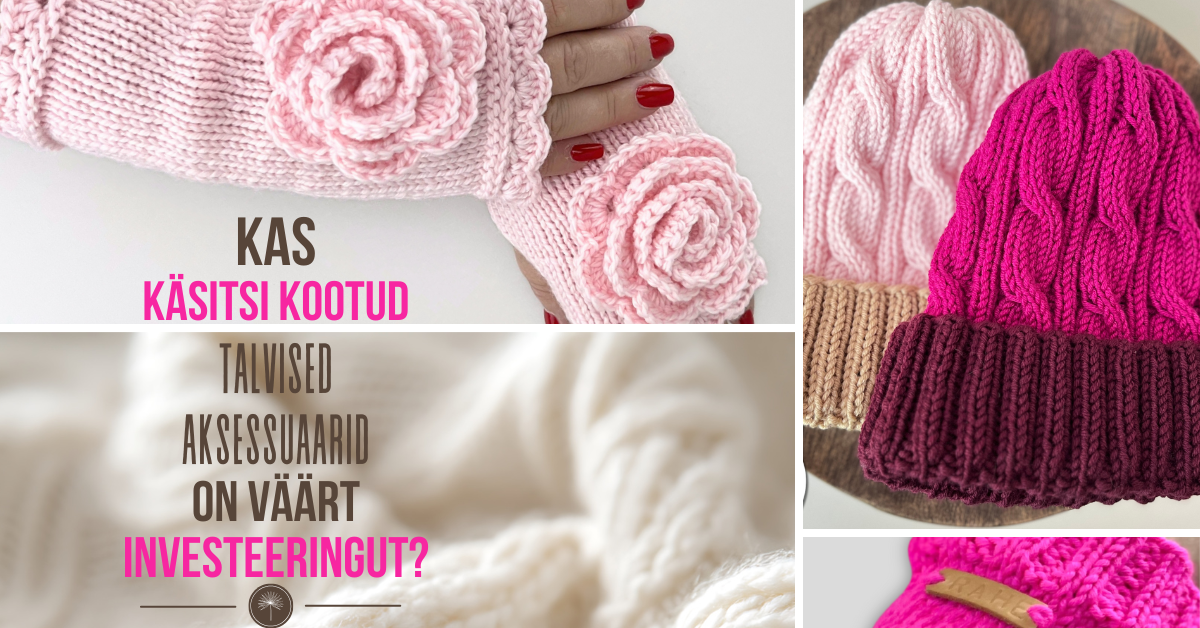 Käsitsi kootud roosad rooside ja pitsilise heegeldatud äärega sõrmedeta kindad, meriinovillased lastemütsid, meriinovillased neoonroosad säärised lastele