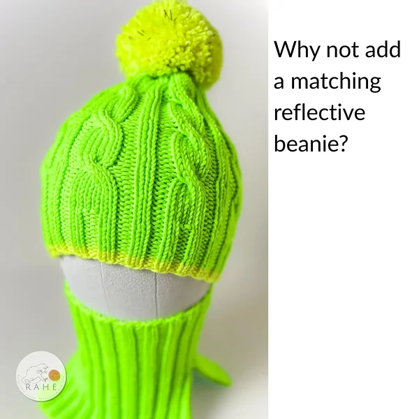 Hand-knitted merino winter hats and scarves for kids. Neon green reflective hats and neck warmers. Handmade gift, made in Estonia.