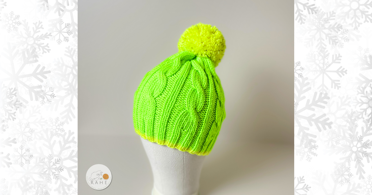 Hand-knitted merino wool reflective winter hats.  Kids braided  knit beanies in neon green. Handmade in Estonia, git.