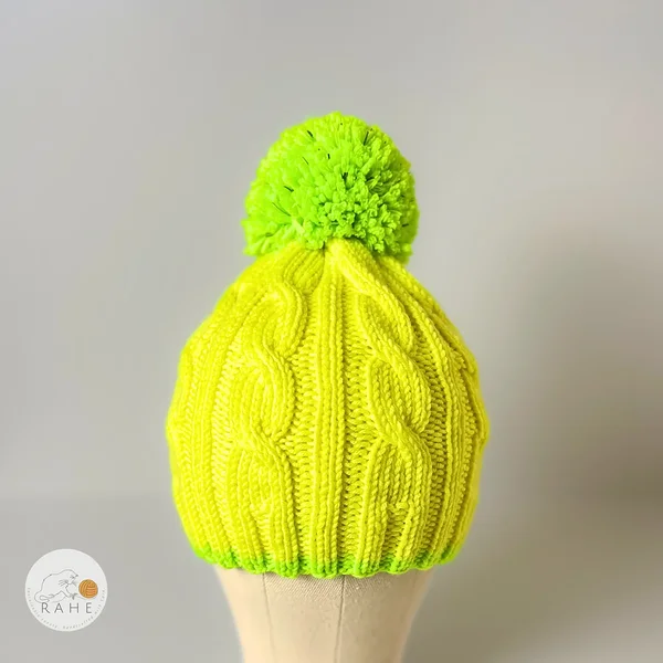 Hand-knitted merino wool kids beanie with reflective pom-pom – bright neon yellow winter hat, handmade in Estonia. Perfect eco-friendly gift idea for boys and girls.