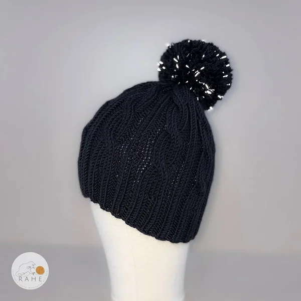 Reflective hat for kids. Hand-knitted merino wool black warm hat for girls and boys. Christmas gift idea.