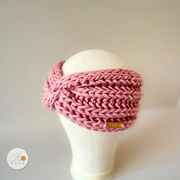 Hand-knitted pink wool chunky knit twist headband, autumn  and winter gift idea for women, handmade in Estonia by RAHEcraft