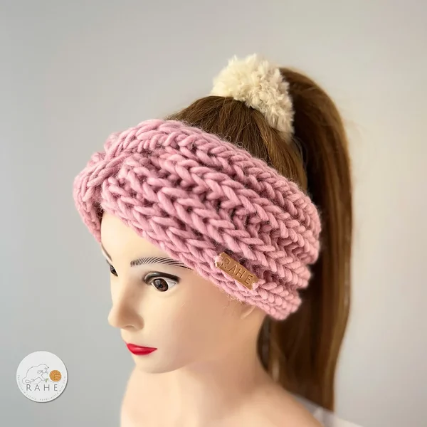 Hand-knitted pink chunky twist head accessory for women, handmade in Estonia by RAHEcraft.