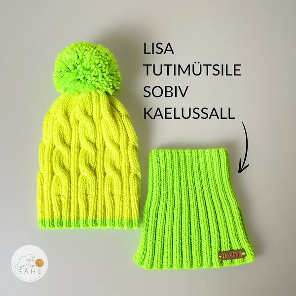 Mütsi ja salli komplekt lapsele, meriinovillane tutimüts ja kaelussall. Käsitsi kootud talvemüts ja sall, neoonkollased ja neoonrohelised. Eesti käsitöö.