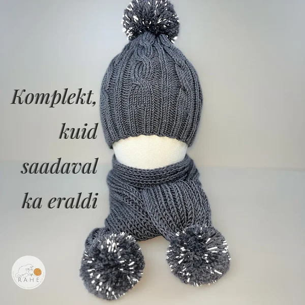 Tumehall talvemütsi ja salli komplekt lastele. Helkurtuttidega kootud müts ja sall.