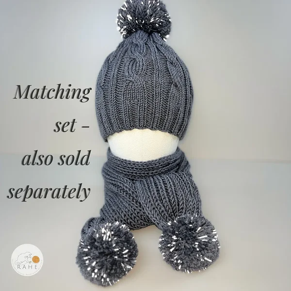 Hand-knitted dark grey merino wool reflective winter hat and scarf set for kids, teens and petite adults.