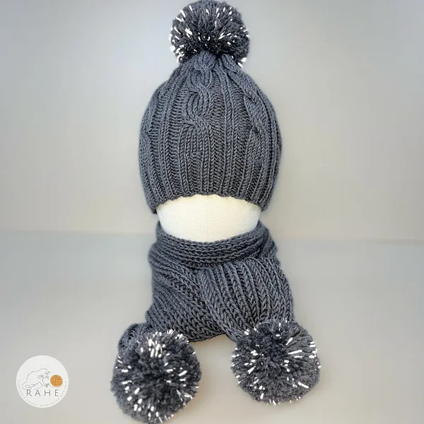 Hand-knitted grey merino wool winter hat and scarf set with reflective pom poms. Handmade gift by RAHEcraft