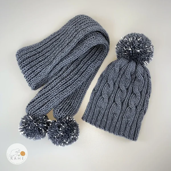 Käsitsi kootud helkurtuttidega meriinovillane müts ja sall lastele. Tumehall talvemütsi ja -salli komplekt poistele ja tüdrukutele. 