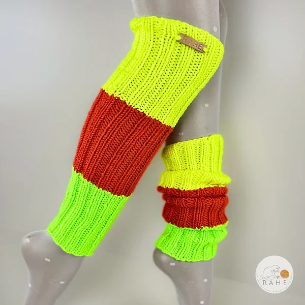Pair of striped neon merino wool leg warmers handmade by RAHEcraft in Estonia. Soft, durable and perfect for yoga or skating.