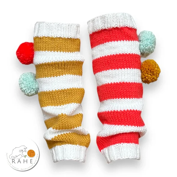 Preppy Merino Wool Kids Leg Warmers with Pom-Poms – Handknit for Ages 6–9 | Ballet, Dance, Yoga, Winter Wear