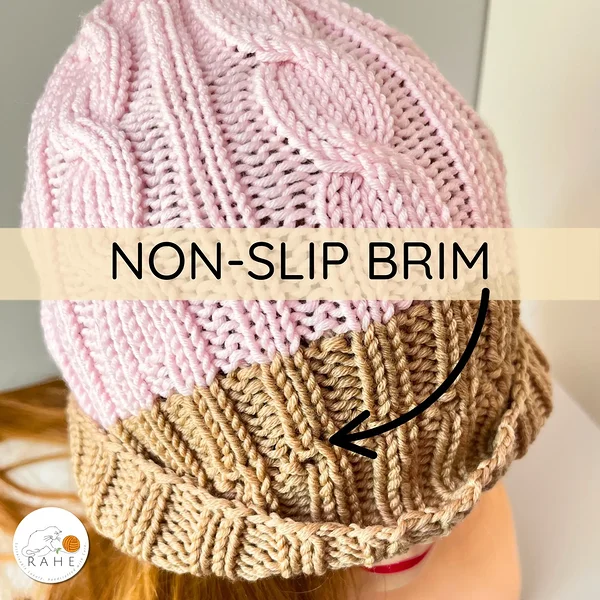 Kids pink winter hat with non-slip brim in pink and beige. Merino wool kids beanie.