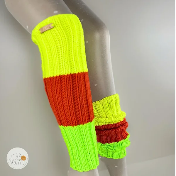 Hand-knitted merino wool leg warmers in neon yellow, orange and green by RAHEcraft. Soft, stretchy and warm handmade in Estonia.