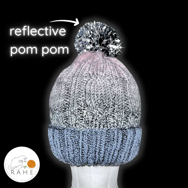 Reflective pom pom wool blend ombre dusky pink & grey beanie – hand-knit winter hat for adults & kids, warm & safe