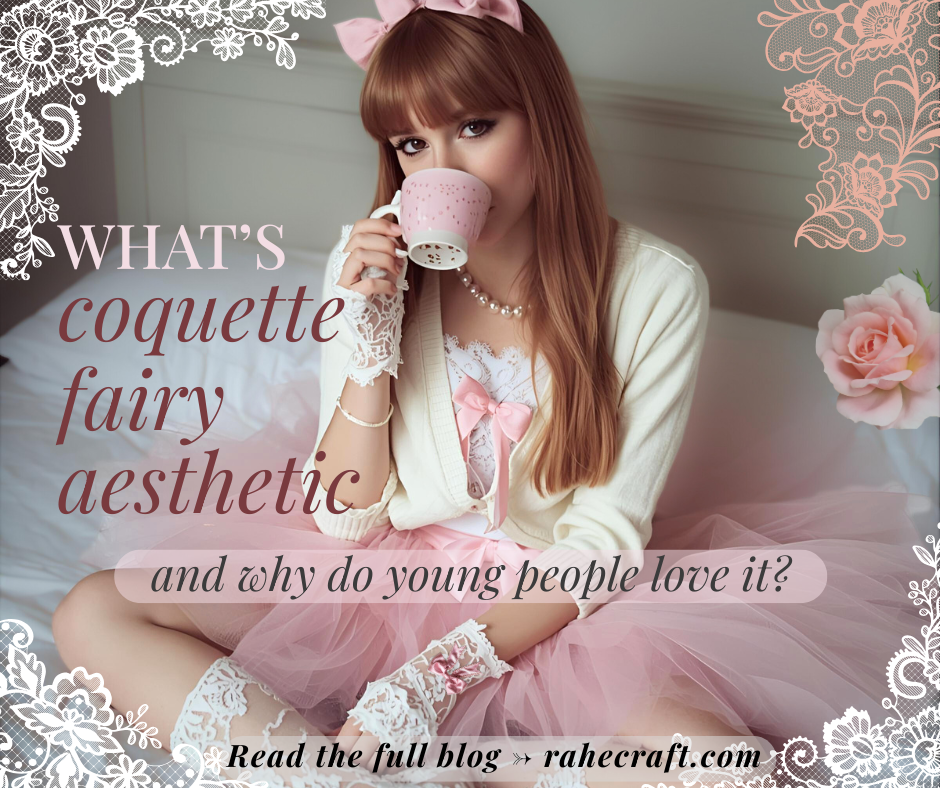Young woman in coquette fairy aesthetic style — wearing pink tulle skirt, lace gloves, pearl necklace and bow, drinking tea in a romantic pastel setting | RAHEcraft