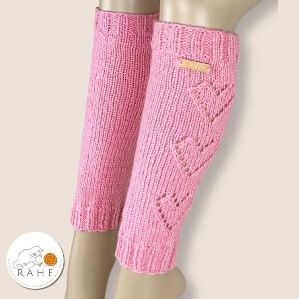 Soft romantic wool blend pink leg warmers with lace hearts for kids, teens and petite adults