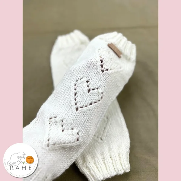 White wool blend leg warmers with lace hearts, hand-knitted for kids, teens and petite adults