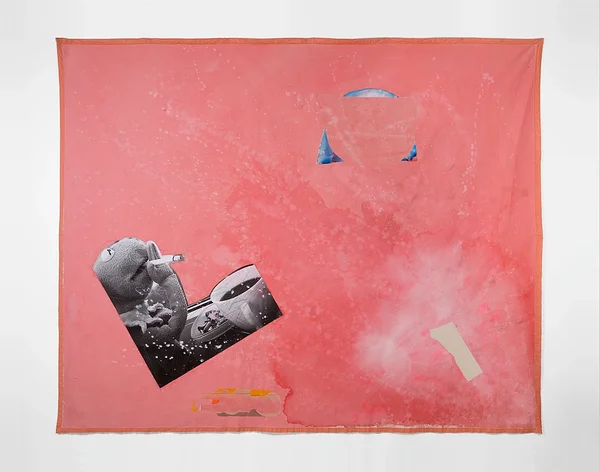 Kermit acrylic, collage, and ribbon on canvas 120n x 144 in