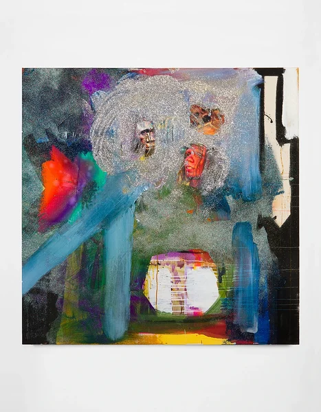 She&#x27;ll Come Back As Fire  2019 acrylic, collage, and glitter on canvas 52.5 x 52.5 in