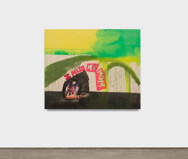 I Miss My Mom 2024 acrylic, charcoal, and collage on canvas 60 x 72 in