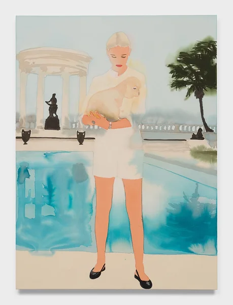 C.Z. Guest with Poodle, 2026, acrylic and charcoal on canvas, 72 x  53 in